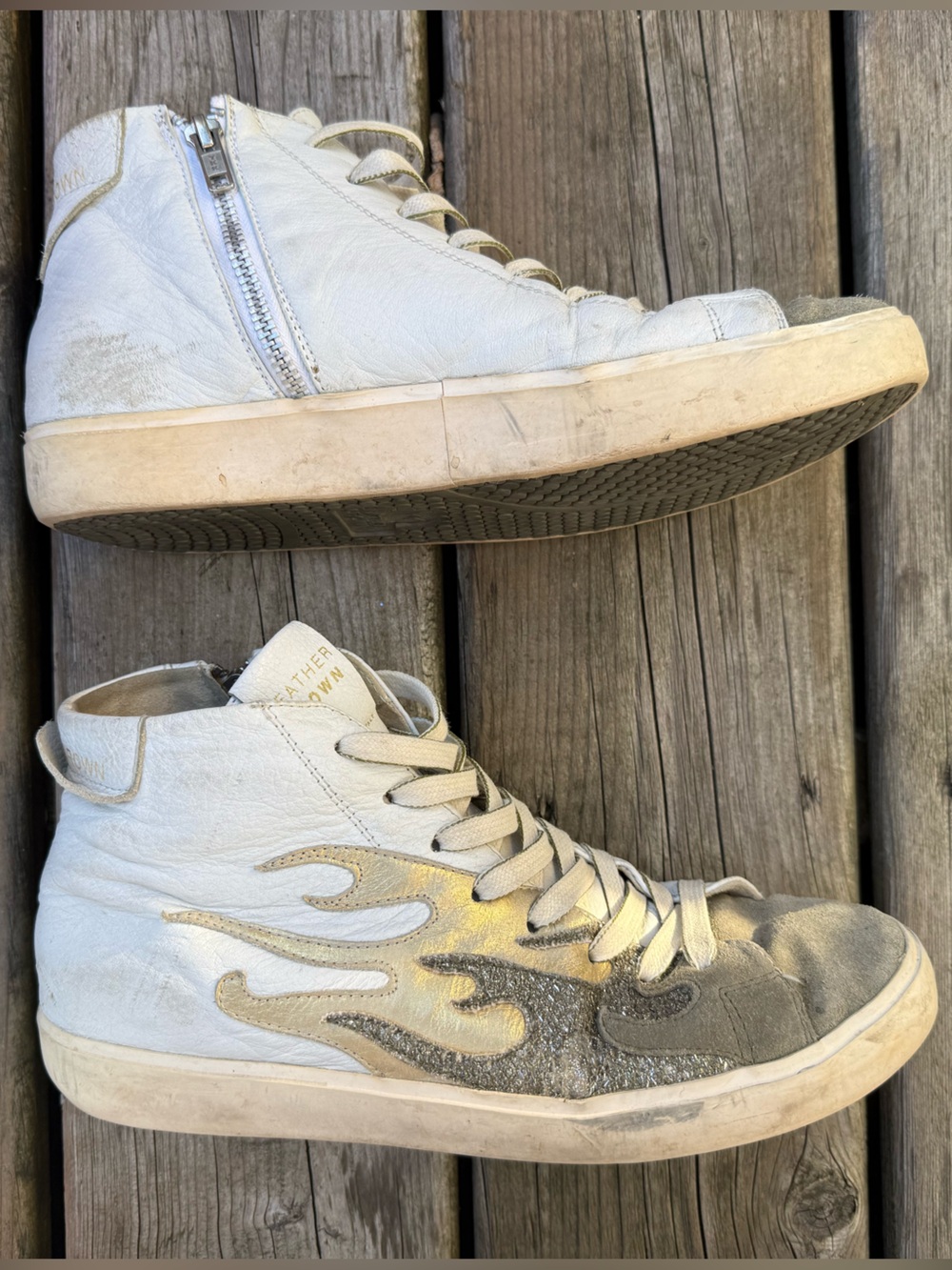 Leather Crown White High-Top Sneakers with Gold Flame Detail